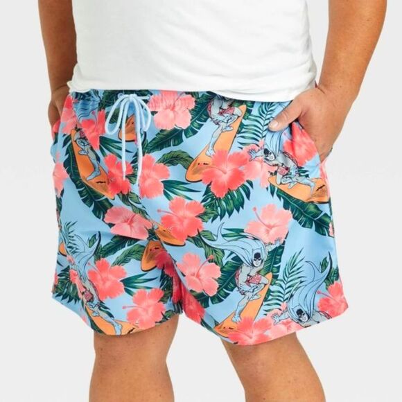 Batman NWOT Blue Orange Pink Tropical Surfing Batman Swim Trunks Size L - Picture 1 of 15